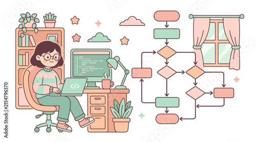Female programmer working at desk with software logic flowchart.