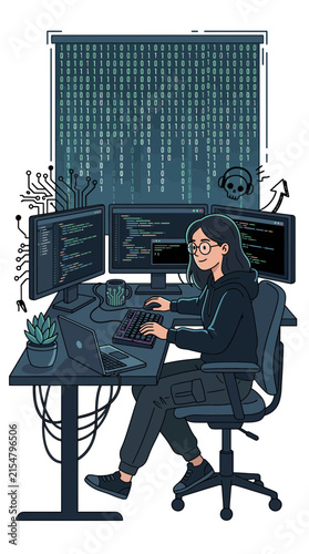Female programmer working at multi-monitor computer desk.