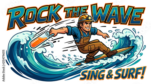 Canvas Print Miner Surfing Wave with Test Tube, Rock the Wave Sing & Surf