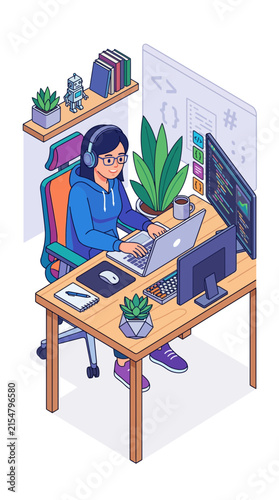 Female programmer working at organized isometric office workstation.
