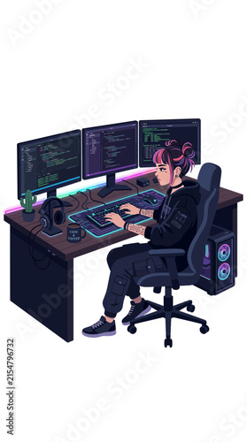 Female programmer working at triple monitor desk illustration