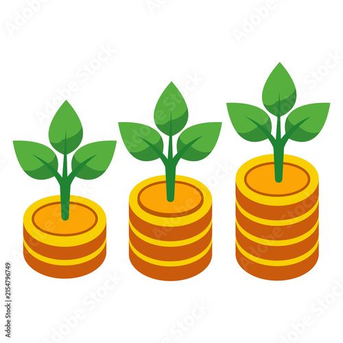 Green Plant Growing from Gold Coins for Business Finance Investment Wealth and Sustainable Financial Growth Concept