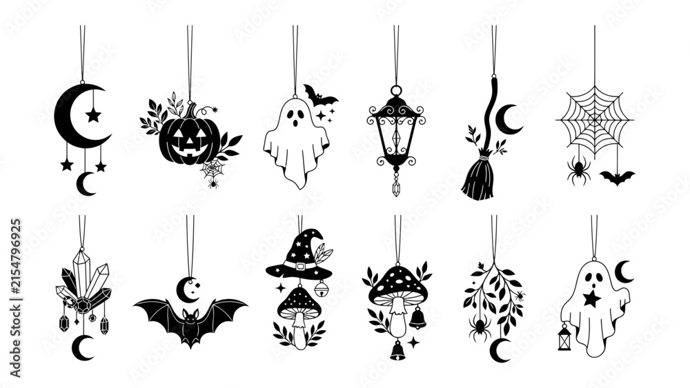 Obraz premium Halloween Holiday Ornaments: A collection of charming black and white Halloween-themed ornaments including a ghost, bat, pumpkin, moon, spiderweb, lantern, and mushroom.