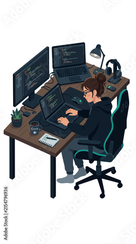Female programmer working at workstation with multiple monitors.