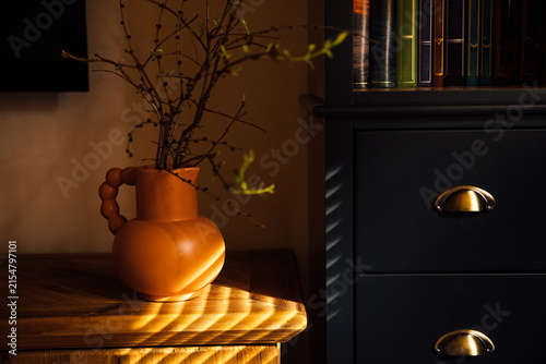 Konstfotografi Decorative terracotta vase with branches placed on a wooden table beside a dark