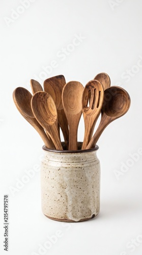 Stoneware crock holding wooden cooking spoons isolated on white
