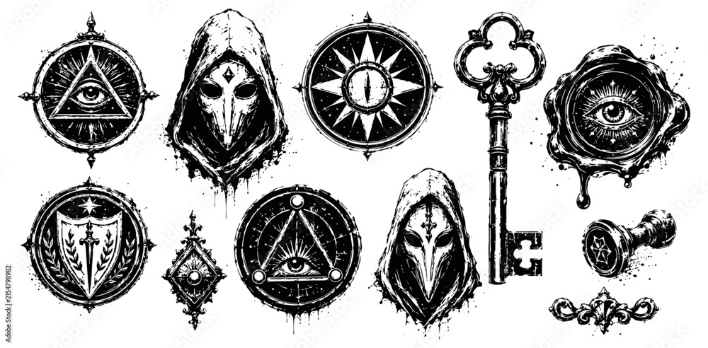 Obraz premium Dark occult symbols and mystical elements set with plague doctor masks, keys, eyes, and esoteric icons