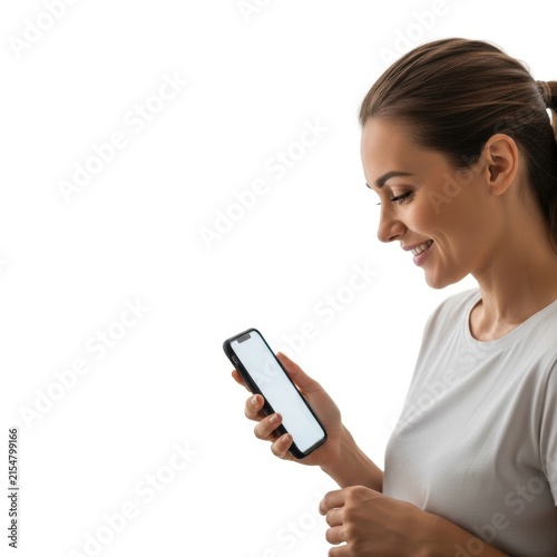 Young woman smiling while looking at her smartphone screen with a white background.