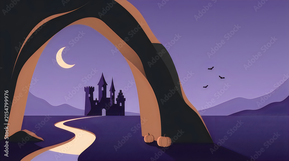 Naklejka premium Mystical castle under large archway with moonlit path and pumpkins