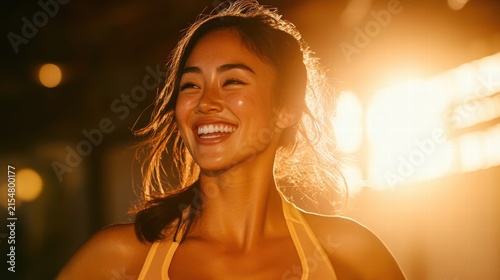Radiant woman smiling in the golden sunlight.