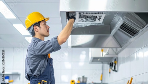 Maintenance Worker Inspecting Ventilation Grille in Commercial Kitchen