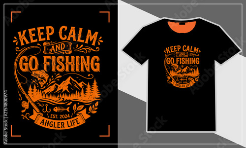 Funny fishing t-shirt design with keep calm and go fishing vintage illustration on black shirt