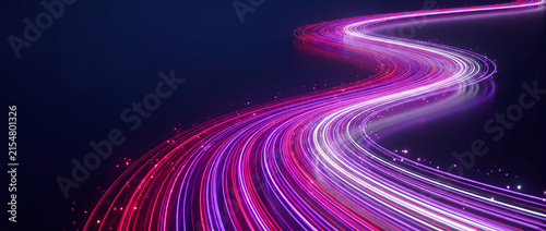 Light trails winding in dynamic neon motion featuring glowing magenta and purple fiber optic lines on a dark background for high speed data and digital network connection banners