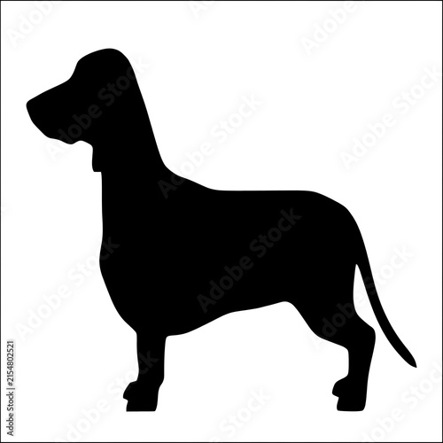Black silhouette of a standing dog on a simple graphic background isolated on white background