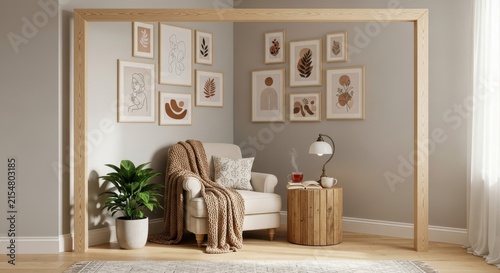 Cozy living room with framed botanical art and armchair.