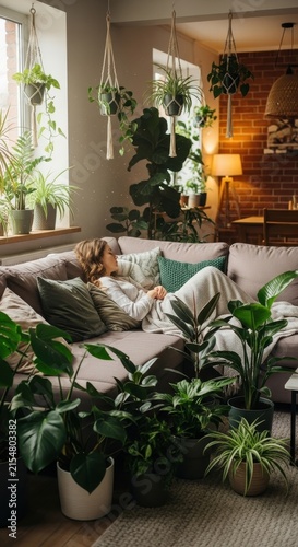 Cozy living room filled with lush indoor plants and natural light.