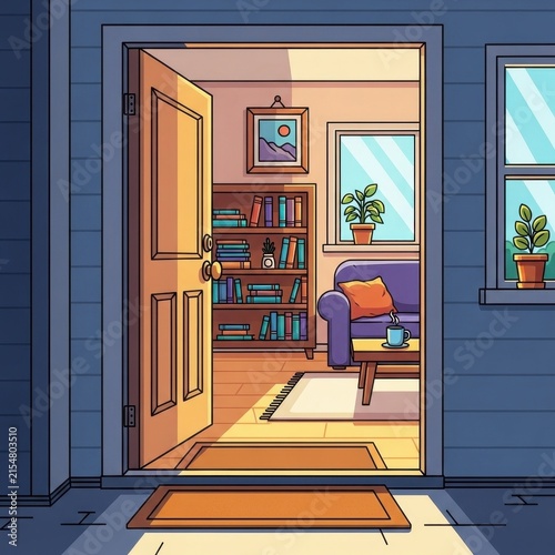 Cozy Home Library Interior with Open Door and Bookshelves.
