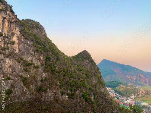 Limestone Cliff Overlooking a Valley Village in Vietnam