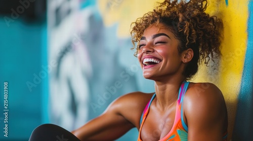 Happy woman laughing during a workout.