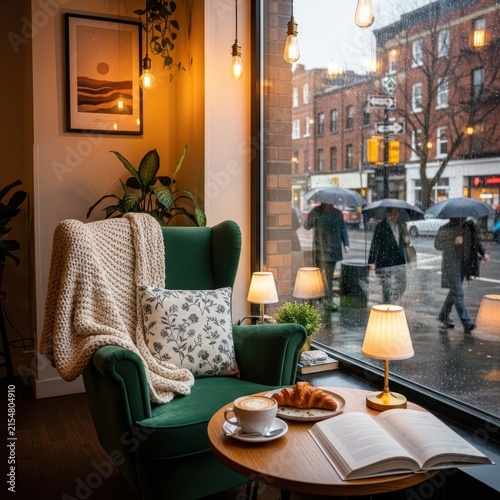 Cozy cafe corner with book and tea by rainy window.
