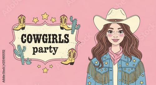 Cowgirl Party Illustration with Western Theme and Decorations.