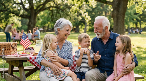 Joyful multigenerational family picnic in a lush park with kids and grandparents enjoying quality time outdoors during a sunny day