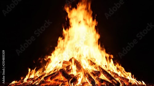 Bright roaring bonfire flames burning intensely against a dark black background