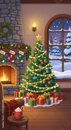 Cozy Christmas Living Room with Lit Tree and Fireplace.