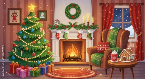 Cozy Christmas Living Room with Fireplace and Decorated Tree.