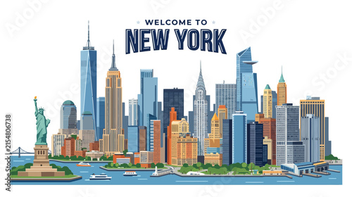 New York City Skyline with Statue of Liberty - Welcome to New York Art