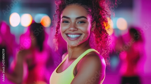 Happy fitness woman at gym workout class.