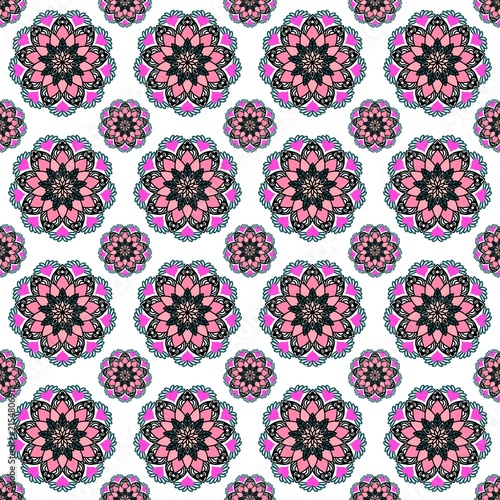 Pink Floral Mandala Seamless Pattern with Ornamental Geometric Elements