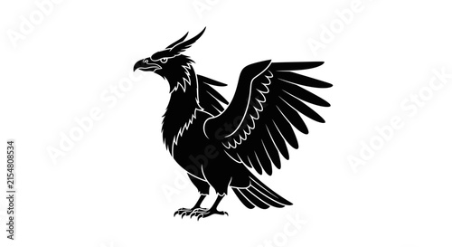 Mythical Griffin Silhouette, Heraldic Eagle Bird with Wings Spread