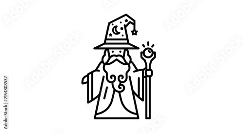 Mystical Wizard with Magical Staff and Star Hat - Line Art Icon