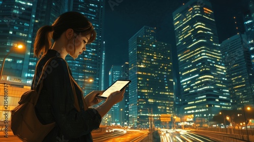 Woman using tablet in vibrant city at night.