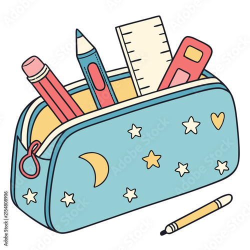 Canvas Print Cute blue pencil case with school supplies and stationery items