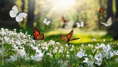 springtime forest glade with lots of white spring flowers and butterflies on a sunny day