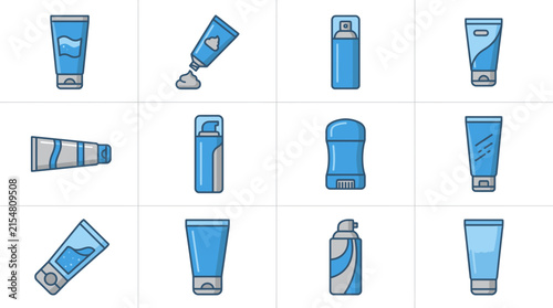 Blue men's grooming and deodorant bottle icons set.