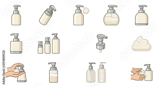 Beige pump bottle icons for soap and skincare.