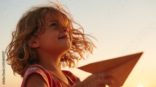 Serene Sunset: Little Girl with Paper Boat