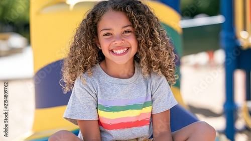 Young Girl with Smile Sitting on Playground Equipment
