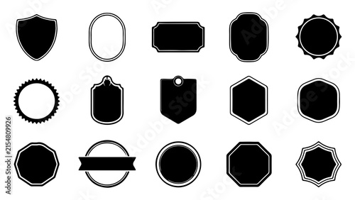 A set of vector black labels and blank vintage emblems featuring various geometric shapes and decorative borders for professional graphic design projects
