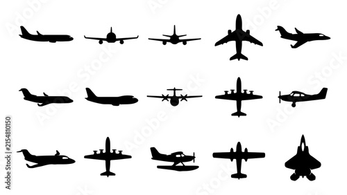 A comprehensive collection of diverse aircraft silhouettes including commercial jet liners private planes cargo transporters and military fighter jets isolated on white