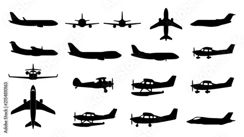 A comprehensive collection of detailed black airplane silhouettes including commercial jets private planes propeller aircraft and seaplanes on a white background
