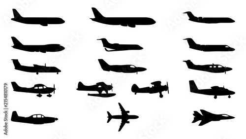 A comprehensive collection of black silhouettes featuring various types of commercial passenger airplanes military jets and small private propeller aircraft designs