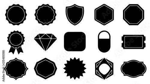 A comprehensive collection of fifteen diverse black solid vector design elements including various geometric shapes frames badges and decorative sticker silhouettes