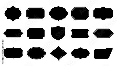 A comprehensive collection of fifteen diverse vintage style labels and decorative frame silhouettes isolated on a white background for graphic design projects