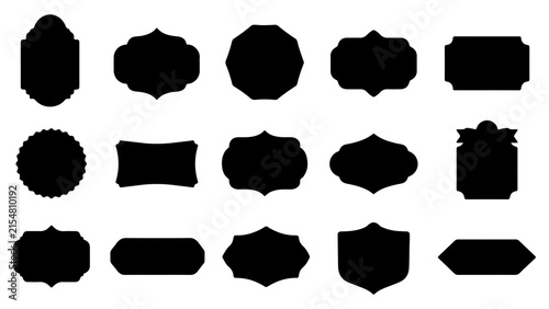 A comprehensive collection of fifteen distinct decorative badge and label silhouette shapes isolated on a white background for creative design projects