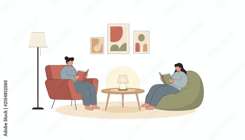 Fototapeta premium Cozy living room illustration showing two women relaxing and reading books on comfortable armchairs under soft interior lighting.