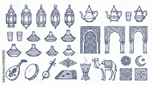 Set of hand drawn islamic icons and middle eastern cultural symbols in blue ink Vector